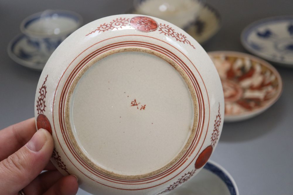 Three Chinese tea bowls and saucers and two other saucers